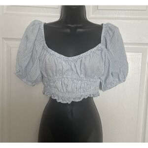 And Now This Shirt Womens M Blue White Striped Cropped Puff Sleeve Milkmaid Top